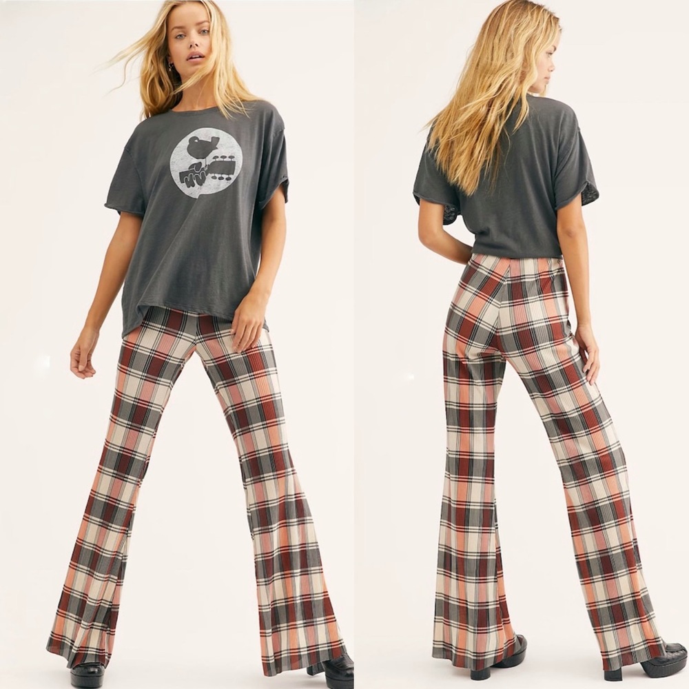 Free People Bethany Pleated Flare Pants Plaid Bell Bottom 70s Boho Hippie
